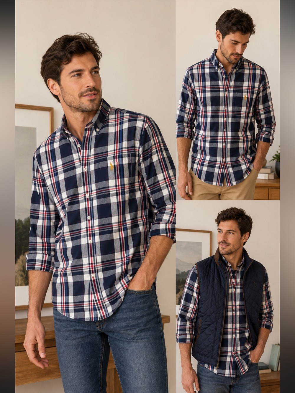 U.S. Polo Assn. Men’s M Plaid Button-Up Shirt Navy Red White